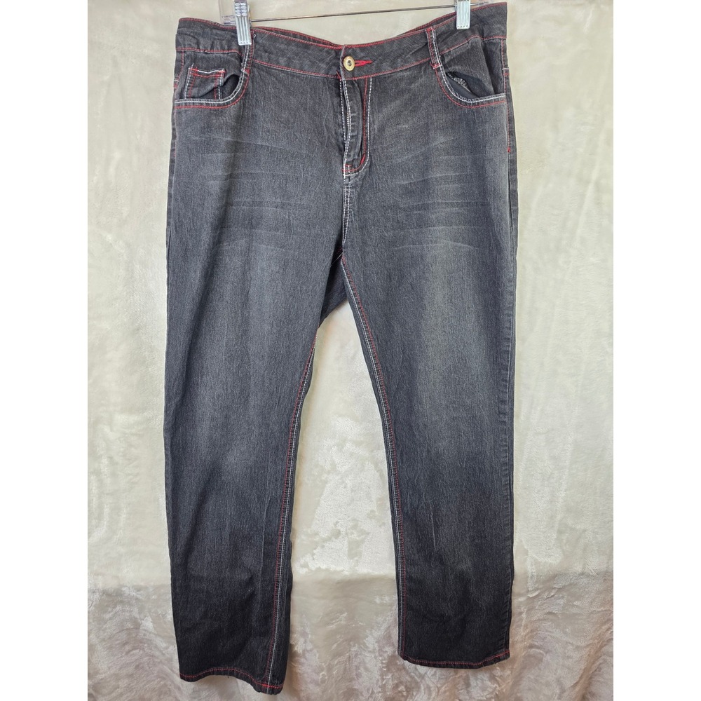 Unbranded Black Denim Jeans Red White Contrast Stitching Straight Leg Womens XL